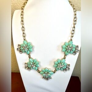 J.Crew Teal Stone Floral Statement Necklace w/Clear Rhinestone Accents